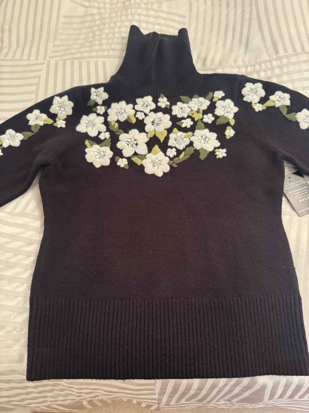 Boston Proper Black Turtleneck Sweater with White Floral Embroidery Size S